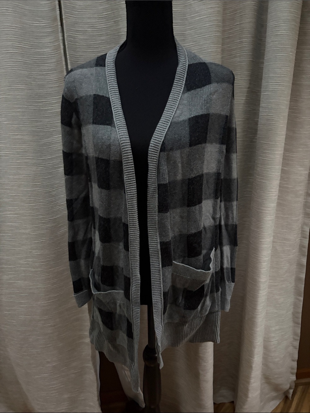 Eddie Bauer Buffalo Check Open-Front Cardigan Sweater - Gray/Black